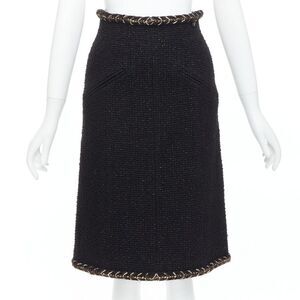 CHANEL 18K black cotton tweed brown gold braided trim tweed skirt FR34 XS